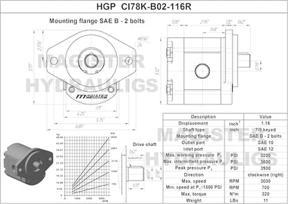 Magister Hydraulic Gear Pump, 1.16 CID, 7/8 in Keyed Shaft, CW Rotation, SAE 12 Inlet x SAE 10 Outlet, SAE B 2-Bolt Mount, 10 GPM at 2000 RPM, 3300 PSI - color: CW, size: 1.16 CID