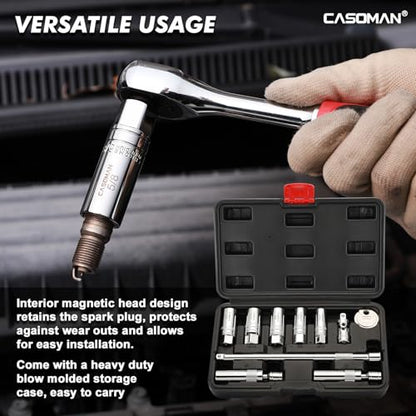 CASOMAN 10PCS 3/8"Drive Magnetic Spark Plug Socket Set, 6PT&12PT, Include Extension Bar, Universal Joint & Spark Plug Gapper, CR-V Steel - size: 10-Piece Set with Accessory