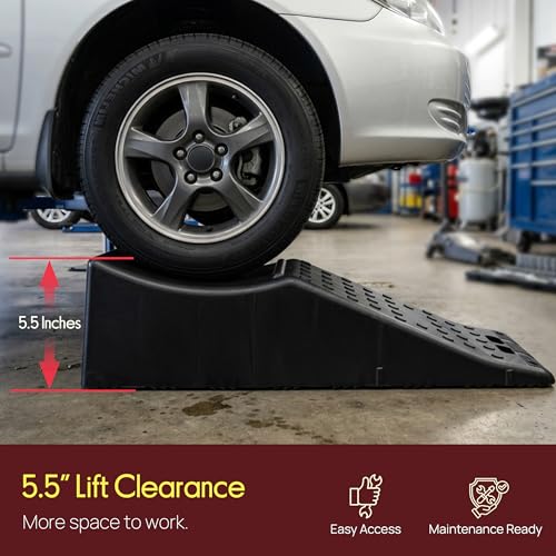 Pyle 1Piece Vehicle Ramp | 20000 lb Capacity Vehicle Ramp for Trucks, SUVs and RVs with 5.5 Inch Lift and Anti-Slip Textured Surface | Car Ramps for Oil Changes, Lightweight with Handle, Black