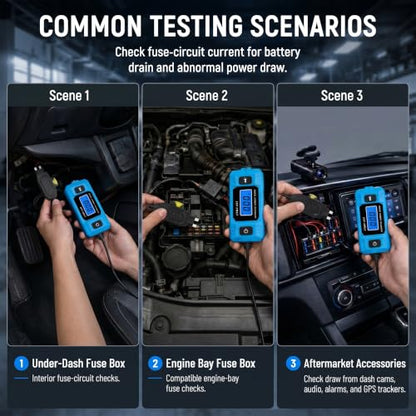 Automotive Circuit Fault Probe Tester, 20A 48V Car Circuit Tester, 0.01A Resolution Inline Current Monitor with Backlit LCD & LED Work Light, Mini & Standard Blade Fuse Compatible