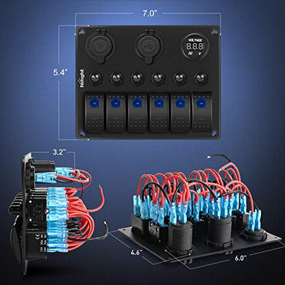 Nilight 6 Gang ON Off Rocker Switch Panel 12V Voltmeter Dual USB Charger Cigarette Lighter Socket For RV Truck Boat , 2 Years Warranty - color: Blue, size: 6+3 Gang Dual USB