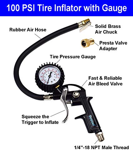 YOTOO Heavy Duty Air Compressor Accessories Kit 20 Pieces with 1/4 inch x 25 feet Polyurethane Air Compressor Hose, 100 PSI Tire Inflator Gauge, Air Blow Gun and Air Hose Fittings - size: Kit with Hose
