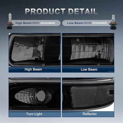 KUIPERAUTO Headlight Assembly Front Lamp Compatible with 1999-2002 Chevrolet Silverado 1500 2500 2000-2006 Suburban 1500 2500 Tahoe Black Housing/Smoked lens/Transparent Corner w/Bulb - color: Black/Smoked/Clear