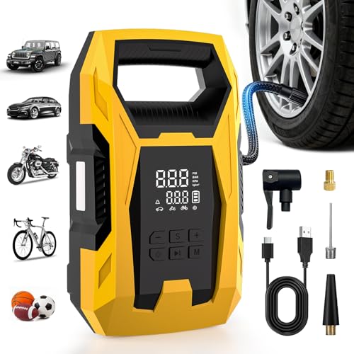 CARSUN Cordless Tire Inflator Portable Air Compressor, 150 PSI Portable Air Pump for Car Tires with Digital Dual Values Display, Tire Pump for Car, Bike, Motorcycle, Ball (with 7800mAh Battery) - color: Yellow/Battery Powered