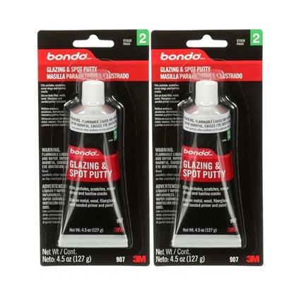 3M Bondo Glazing and Spot Putty 2 Pack (2 x 4.5 oz Tubes = 9 oz Total) Nitrocellulose red auto Body Finishing Putty for pinhole, Scratch and Small dent Repair on Metal, Fiberglass and Wood
