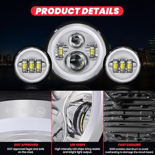7 Inch Motorcycle LED Headlight 4.5" Fog Passing Light Assembly for Harley Touring Softail Deluxe Road King Street Glide Road Glide Ultra Limited Tri Tour Models DRL Halo Ring Angel Eye Chrome - color: Chrome