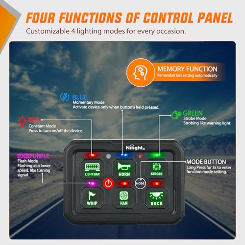 Nilight 6 Gang Switch Panel Green 12V 60A Circuit Control System 4-Mode - color: Green, size: 6 Gang Switch 4 Modes