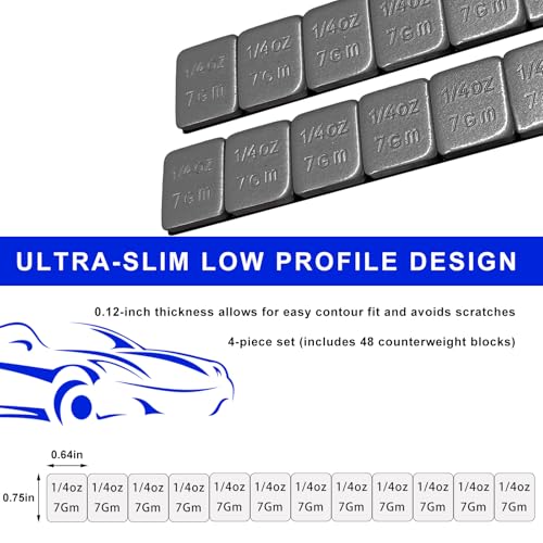 48 PCS 1/4 Oz Adhesive Backed Wheel Weights, 0.25 Oz Low Profile Tire Balancing Weights with Strong Adhesive, Easy to Peel Wheel Weight for Cars Trucks SUVs Motorcycles - color: 48 PCS