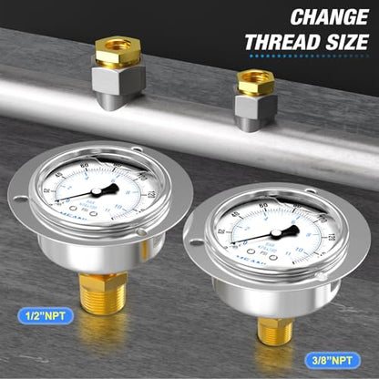 MEANLIN MEASURE 0~160Psi Liquid Filled Pressure Gauge Front Flange Panel Mount, 1/4" NPT 2.5" FACE DIAL Stainless Steel Case with Phillips Screw, Nut and Brass Hex Bushing, +/-3-2-3% - style: 0~160Psi