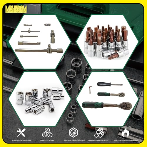 108-Piece Mechanics Tool Kits, CR-V Socket & Driver Set with Case - All-Purpose for Auto Repair & Home DIY