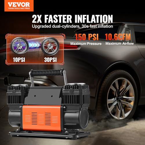 VEVOR 10.6 CFM Heavy Duty Air Compressor, 30s Fast Inflation | 1080W Dual-Cylinder Portable Tire Inflator, 12V 150PSI Offroad Air Pump with Adapters for Trucks Car SUV 4 x 4 Vehicle RV - size: 14.37 x 5.91 x 8.94 in