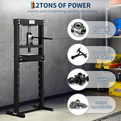 12T Hydraulic Press, Heavy-Duty h-Frame Garage Floor Hydraulic Shop Press - color: Black