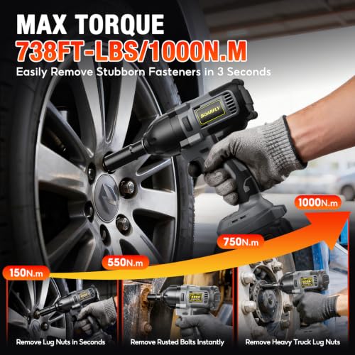 SOARFLY 1/2" Cordless Impact Wrench, 738 Ft-lbs (1000 N.m) Impact Gun - color: Black