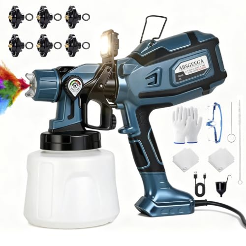 Paint Sprayer, 1250W Electric Paint Sprayer 6 Copper Nozzles 3 Patterns 47oz (1400ml) Large Capacity with LED Easy to Clean, Paint Sprayer for House Painting Furniture Walls Fence Cabinets DIY
