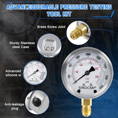 Hydraulic Pressure Gauge Test Kit, 4 Pressure Gauges, 4 Test Hoses, 10 Couplings, 3 Tee Connectors for Excavator Construction Machinery(Gold) - size: Gold 4 Gauges 10 Couplings 3 Tee Connectors