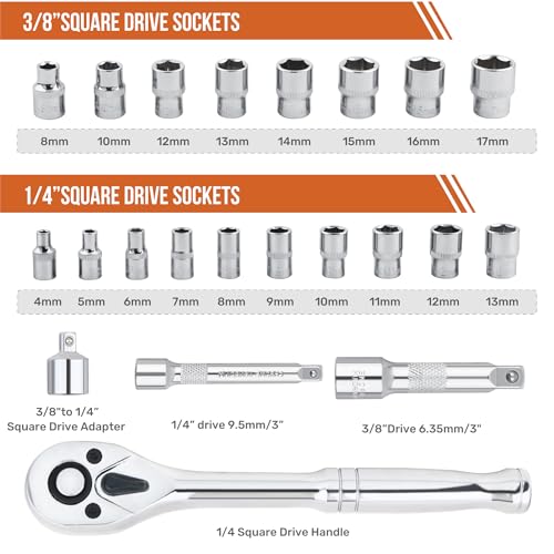 Hi-Spec 22pc Metric Socket Set 1/4” & 3/8” Drive with Ratcheting Wrench, Extension Bars in Compact Tool Case.