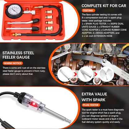 10 Pieces Engine Compression Tester kit with Spark Plug Tester