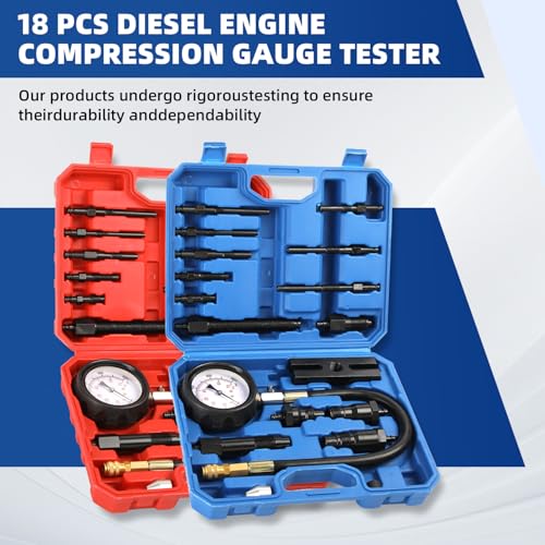 Yonligonju 17pc Diesel Engine Compression Tester Kit, Diesel Compression Tester Cylinder Pressure Gauge for Diesel Cars and Trucks(Blue) - color: blue