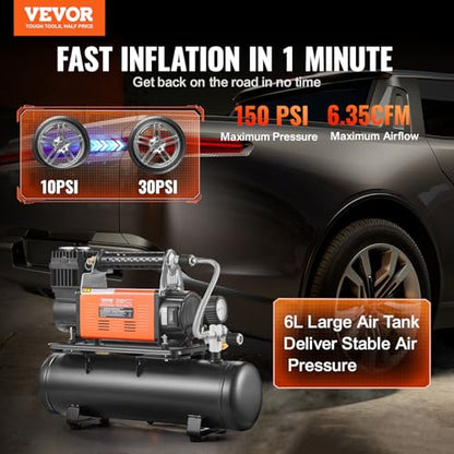 VEVOR 12V Heavy Duty Air Compressor with 6L Tank Kit, 6.35 CFM Portable Tire Inflator, 150PSI Offroad Air Compressor with Digital Pressure Gauge Tire Inflator for Trucks Car SUV 4 x 4 Vehicle RV - style: 6.35 CFM with 6L Tank Kit