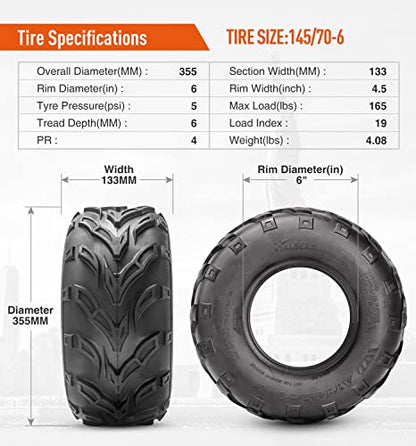 HALBERD 145/70-6 ATV Tires, 4PR Go Kart Street Mini Bike Tires, Set of 2 - size: 145/70-6*2