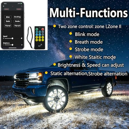 New 4Pcs 15.5in 5 Row Wheel Lights for Truck Car,150W Ultra-Bright LED Wheel Ring Light App & Remote Dual Zone Control, Waterproof IP68 Hub Rim Lights Underglow Lighting Kit - size: 15.5in 5row