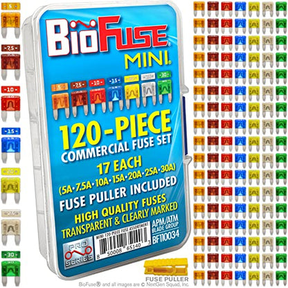 MINI APM ATM 120 Piece Automotive Car Fuse Assortment Glove Box Set (119 Mini Blade Fuses + Fuse Puller) 5A 7.5A 10A 15A 20A 25A 30A