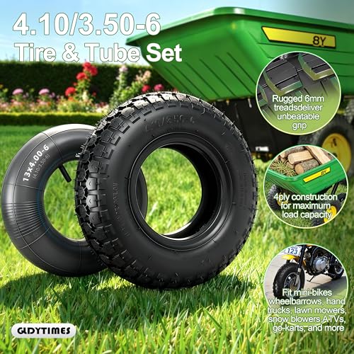 4.10/3.50-6 Tire and Inner Tube,Heavy Duty,Replacement for 4.10-6 13x4.00-6 Tire,Fit for Lawn Mower Hand Truck Wheelbarrow ATV Quad - color: 4.10/3.50-6 tire set black