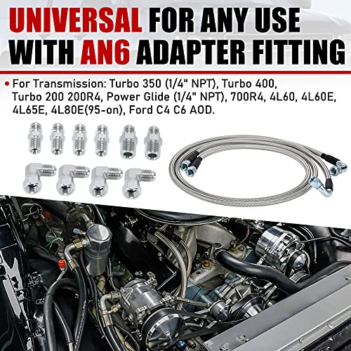 6AN 52" Transmission Fluid Oil Cooler Hose Line kit for GM Chevy Ford GMC Buick Cadillac Cars and Trucks Stainless Steel Braided PTFE Hose - size: 52inch