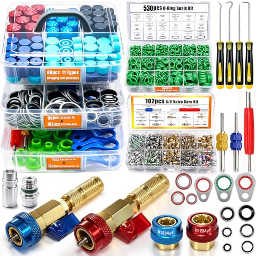 Taiss 7 Set Car A/C Repair Kits,R134A Valve Core Remover Installer Tool+A/C Valve Core +O-Ring Seals Kit+Valve Core Caps+A/C Compressor Seal Washers+AC Fuel Line Disconnect Tool +Remove Tool(837PCS) - color: 837PCS