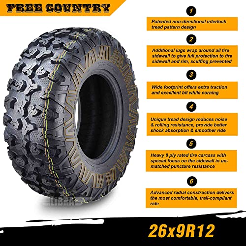 Free Country Set2 Premium ATV/UTV Tires 26x9R12 8PR Radial Side Scuff Guard - size: 26X9R12