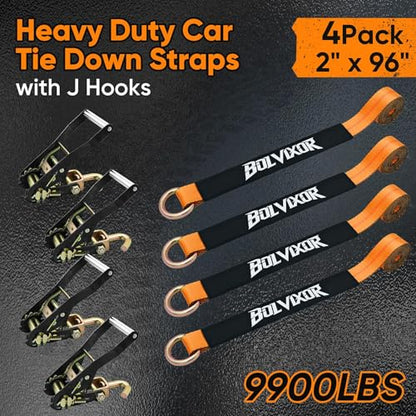 Car Tie Down Straps, 4 Pack, 2" x 96", 9900 LBS, Heavy Duty J Finger Hooks - color: Orange