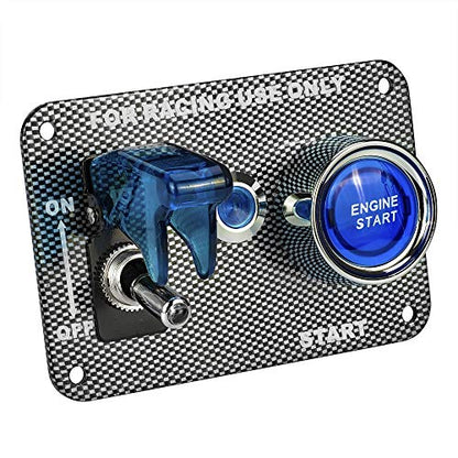 DC12V Racing Car Ignition Switch Panel Carbon Fiber Rocking Switch+Engine Start Push Button with Blue Indicator Light (Blue) - color: Blue
