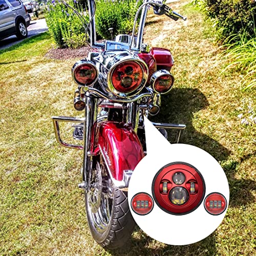 SKTYANTS 7" 7 Inch LED Red Motorcycle Headlight Red 4.5 Inch Round Passing Fog Lights Compatible with Tourng Street Electra Glide Road king Classic - color: 7+4.5inchs
