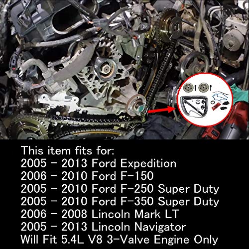 Camshaft Drive Variable Camshaft Timing Kit 3R2Z-6A257-DA for F'-ord Expedition F'150 F250 F350 Lincoln Mark LT Navigator 5.4L 3V Triton 2004-2013, with Phasers Sprockets Tensioners Guides Chains