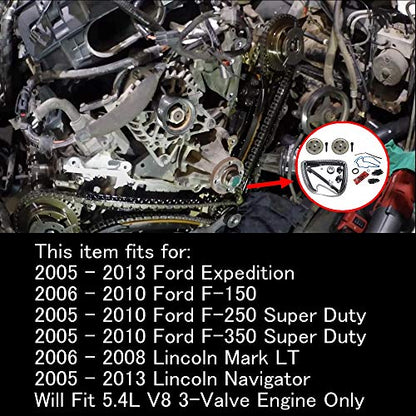 Camshaft Drive Variable Camshaft Timing Kit 3R2Z-6A257-DA for F'-ord Expedition F'150 F250 F350 Lincoln Mark LT Navigator 5.4L 3V Triton 2004-2013, with Phasers Sprockets Tensioners Guides Chains