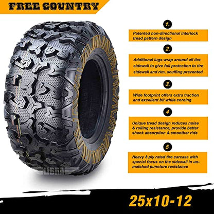 Free Country Set of 2 Premium ATV/UTV Tires 25x10-12 / 8PR with Side Scuff Guard - size: 25X10-12