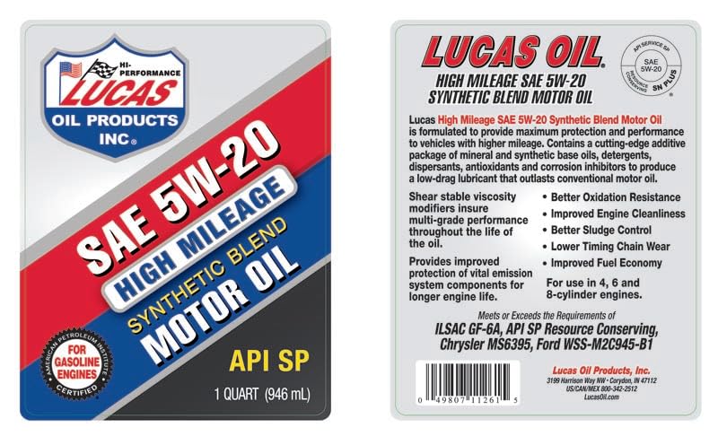 Lucas Oil Synthetic Blend High Mileage SAE 5w-20 Motor Oil_ API SP 1 Quart (Pack of 1)
