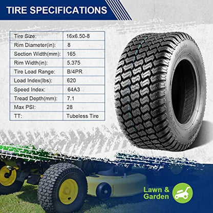 MaxAuto 2 Pcs 16x6.50-8 Lawn Mower Tire for Garden Tractors Riding Mowers, 4PR, Tubeless - size: 16X6.50-8