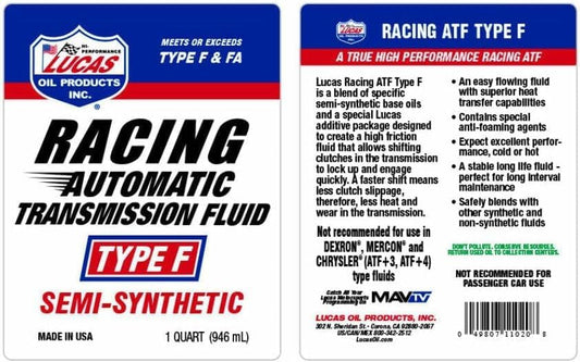 Lucas Oil 11020 Semi-Synthetic Racing Automatic Transmission Fluid Type F, 1 Quart (Pack of 6) - size: One Size (Pack of 6)
