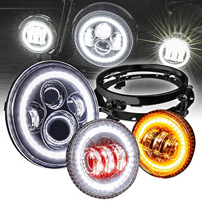 TRUE MODS 7 Inch Halo LED Headlight 4.5" Passing Light for Harley Davidson - color: Black, size: 3-Piece (Headlight + Bracket + Fogs)