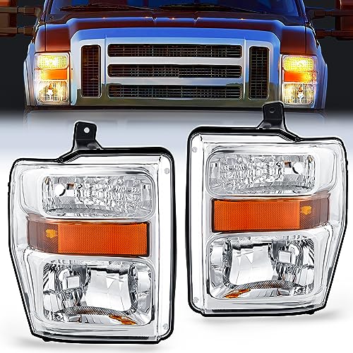 Nilight Headlight Assembly Compatible with 2008 2009 2010 Ford F250 F350 F450 Super Duty Headlamps Replacement Chrome Housing Amber Reflector Clear Lens Driver and Passenger Side - color: Chrome Housing + Amber Reflector, size: 2008-2010 F250-F450