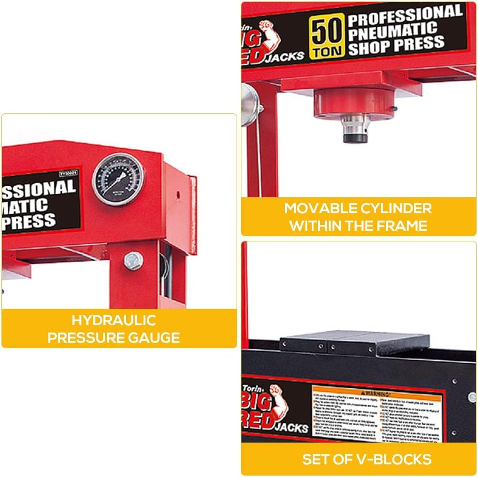 Hydraulic Shop Press, Heavy Duty H-Frame Hydraulic Press, 50 Ton Adjustable Height Floor Press with Press Plates for Metal Bending, Straightening & Bearing Removal, Garage Repair Tool Red