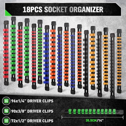 SWANLAKE Socket Organizer Set 18-Piece, 1/4-Inch x 96 Clips, 3/8-Inch x 90 Clips, 1/2-Inch x 72 Clips, Socket Organizer for Tool Box Drawer, Drive Socket Trays, Socket Holder Clip Rail - style: 18 PCS