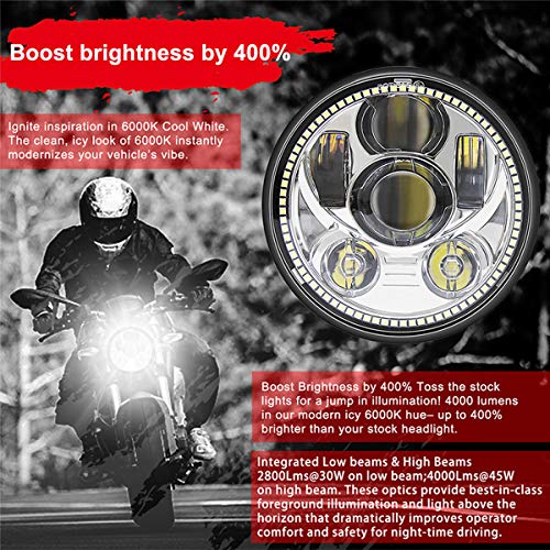 Wisamic 5.75" LED Motorcycle Headlight with Halo DRL Compatible with Harley Davidson Dyna Street Bob Super Wide Glide Low Rider Night Rod Train Softail Deuce Custom Sportster Iron 883 -Silver - color: Silver