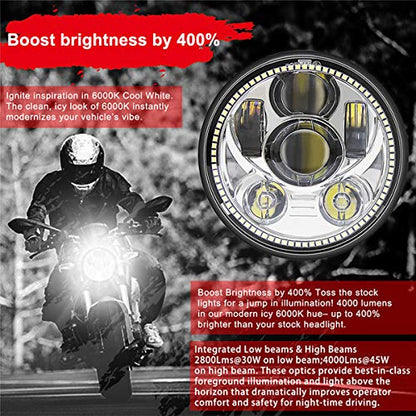 Wisamic 5.75" LED Motorcycle Headlight with Halo DRL Compatible with Harley Davidson Dyna Street Bob Super Wide Glide Low Rider Night Rod Train Softail Deuce Custom Sportster Iron 883 -Silver - color: Silver