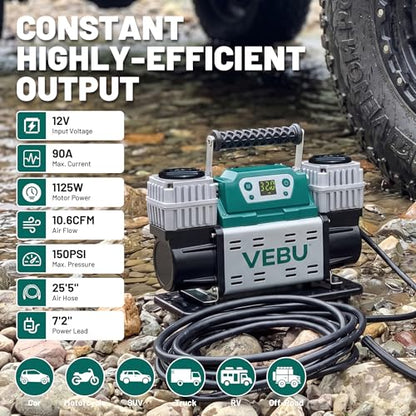 ‌Off-road Air Compressor 12V Tire Inflator, 150PSI with Auto Shut Off, Digital Display & Preset, 10.6CFM Fast Inflation for Off-road Vehicles, Trucks, SUVs, RVs, ATVs - style: Dual Cylinders + Digital Display