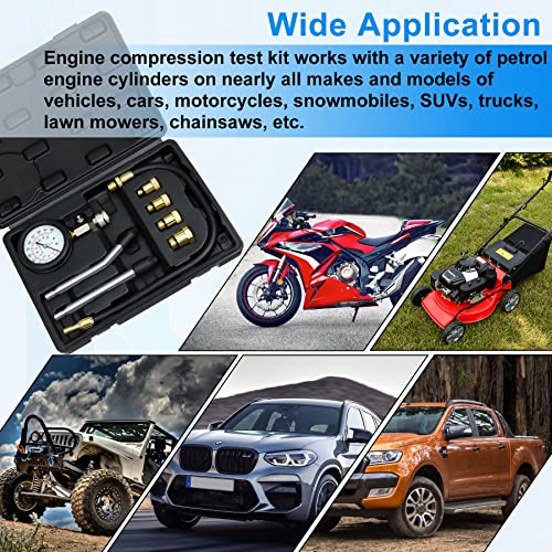 JoyFans 0-300 PSI Compression Tester Automotive Tool, Petrol Gas Engine Cylinder Pressure Test Kit with Gauge Adapter M10 M12 M14 M18 for Small Engine Cars Motorcycles Trucks SUVs Black