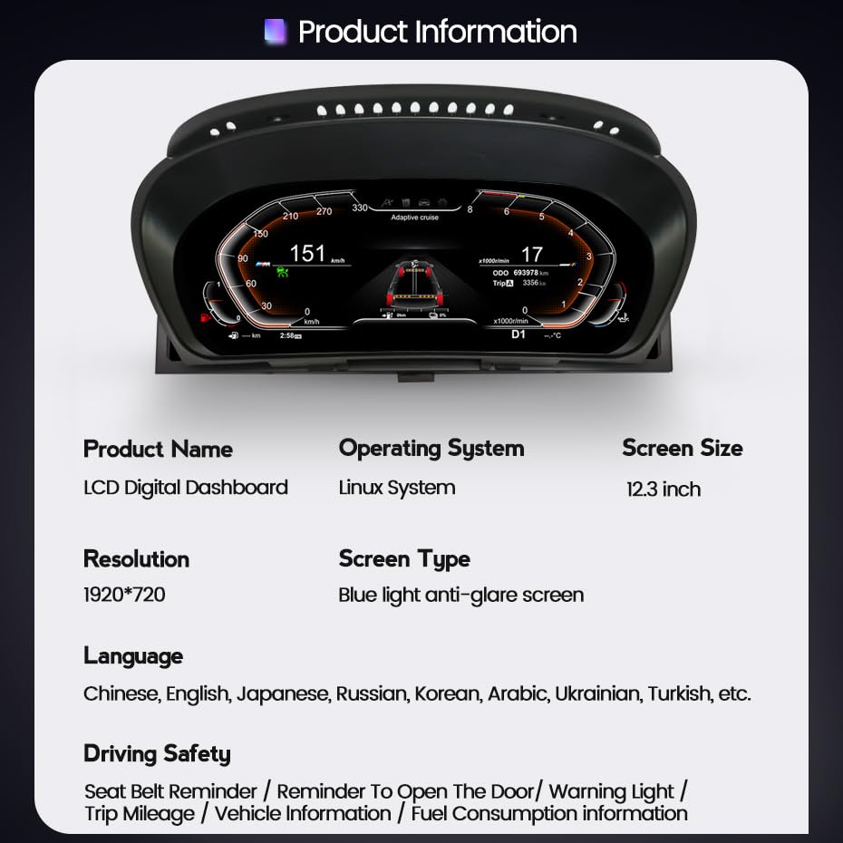 12.3 Inch Digital Gauge Cluster Virtual Cockpit for BMW X6 E71 E72 2007-2013 LCD Instrument Dashboard Speedometer Screen Panel Head Unit