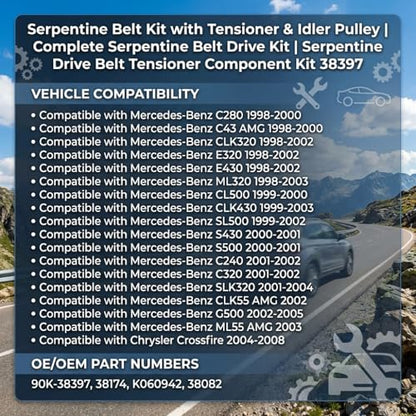 Complete Serpentine Belt Kit With Tensioner And Idler Pulley - size: Mb C280, E320, S500, Chrysler (98-08)