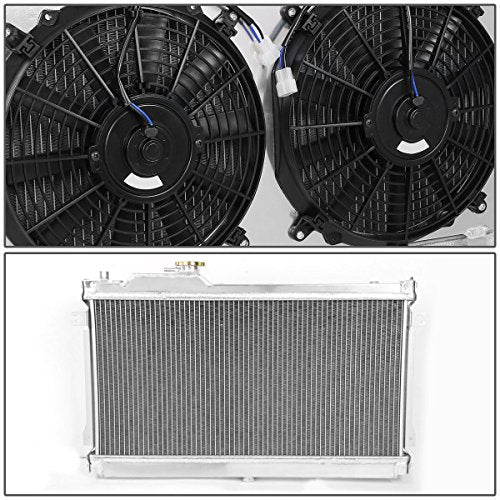 DNA Motoring RA+FS-MM90-2 Dual Core 2-Row Aluminum Radiator w/ 2x Fan Shroud Compatible with 90-98 Mazda Miata MX-5, Metallic - style: 90-98 Mazda Miata MX-5 MT